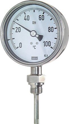 Termometro bimetallico, verticale D100/0 a +60°C/200mm, acciaio inox per fluidi aggressivi