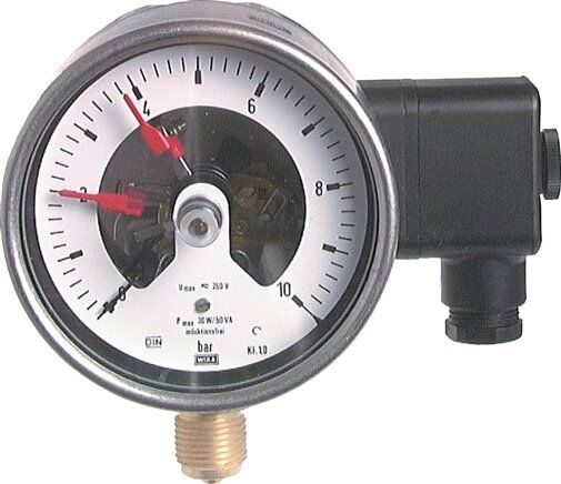 Kontaktmanometer (CrNi/Ms), senkr., 100mm, 0 - 2,5 bar, 1 Öffner- 1 Schliesskontakt