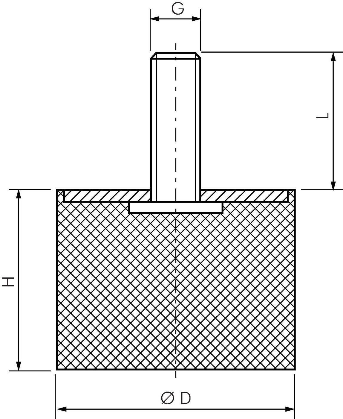 Gummi-Metall-Puffer (Typ D) 40x40mm, M 8 (AG) / Gummi, Stahl verzinkt