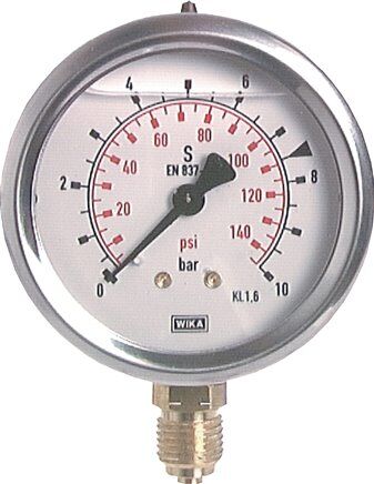 Manomètre à glycérine vertical (CrNi/Ms), 63 mm, -1 à 3 bar
