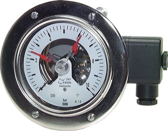Sicherheits-Kontaktmanometer, waagerecht, 100mm, 0 - 1,6 bar, 1 Öffner- 1 Schliesskontakt, Edelstahl