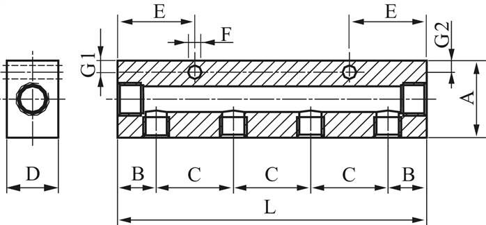 Nastro distributore 2 x G 1/8"-4 x M 5, alluminio anodizzato