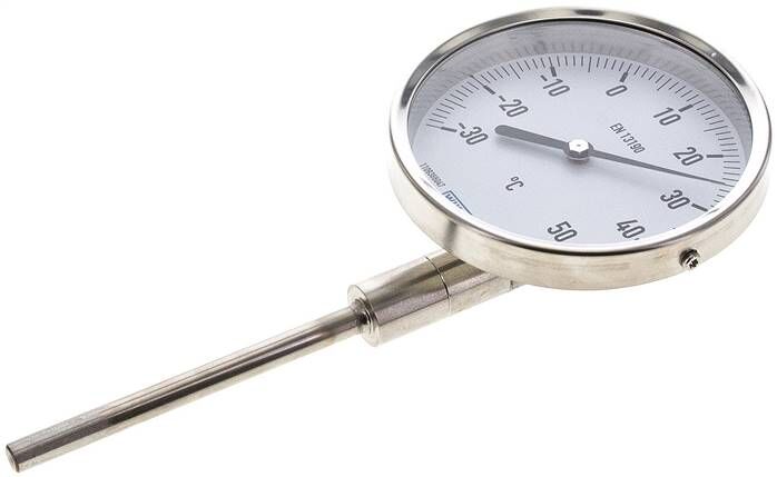 Termometro bimetallico, verticale D100/-30 a +50°C/100mm, acciaio inox