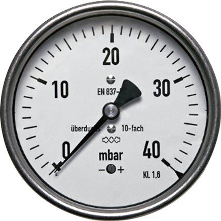 Manometer waagerecht 100mm, -600 bis 0 mbar, G 1/2"