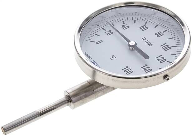 Termometro bimetallico, verticale D100/0 a +160°C/63mm, acciaio inox
