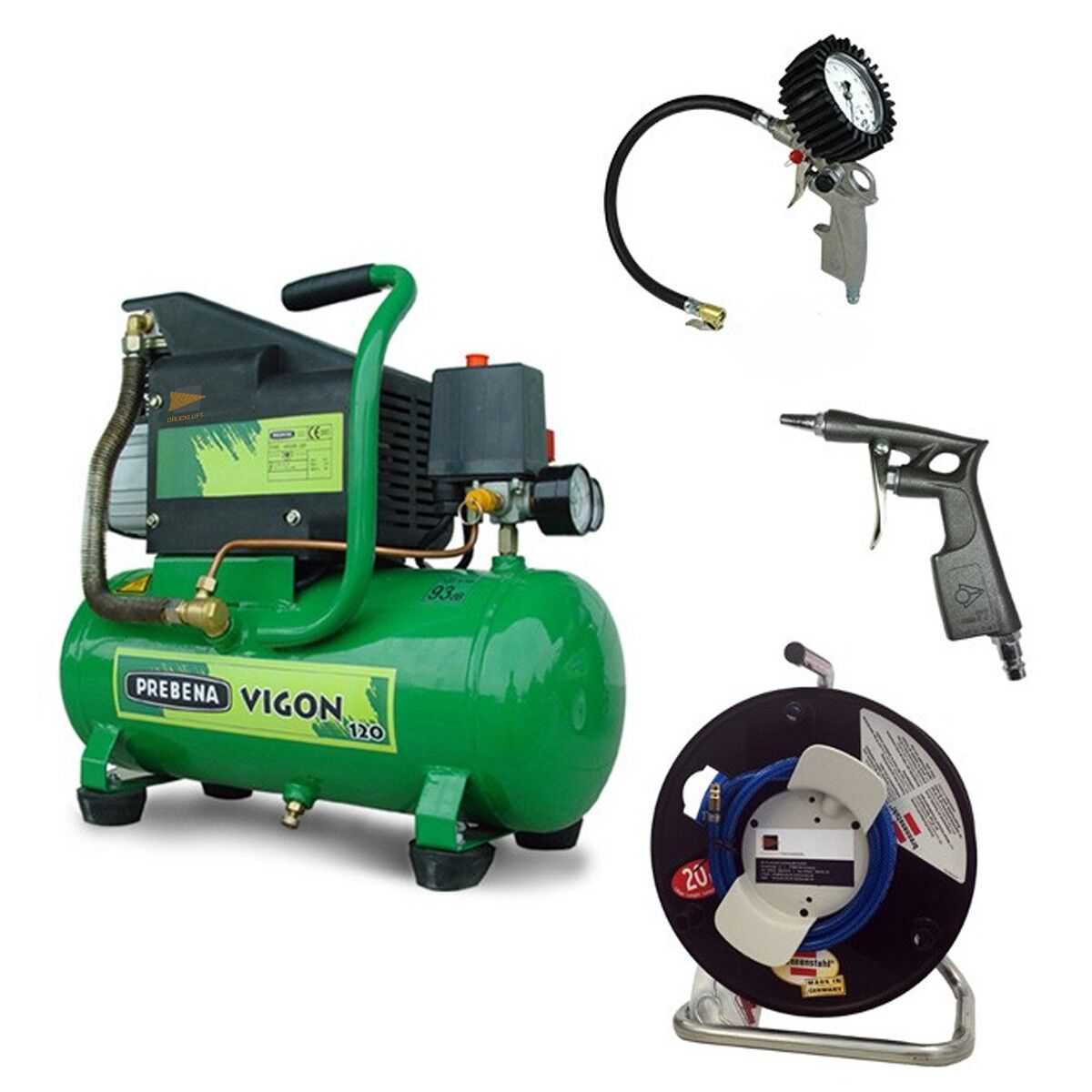 OFFERTA Compressore Prebena Vigon 120 + avvolgitubo + gonfiatore calibrato per pneumatici + pistola a soffio