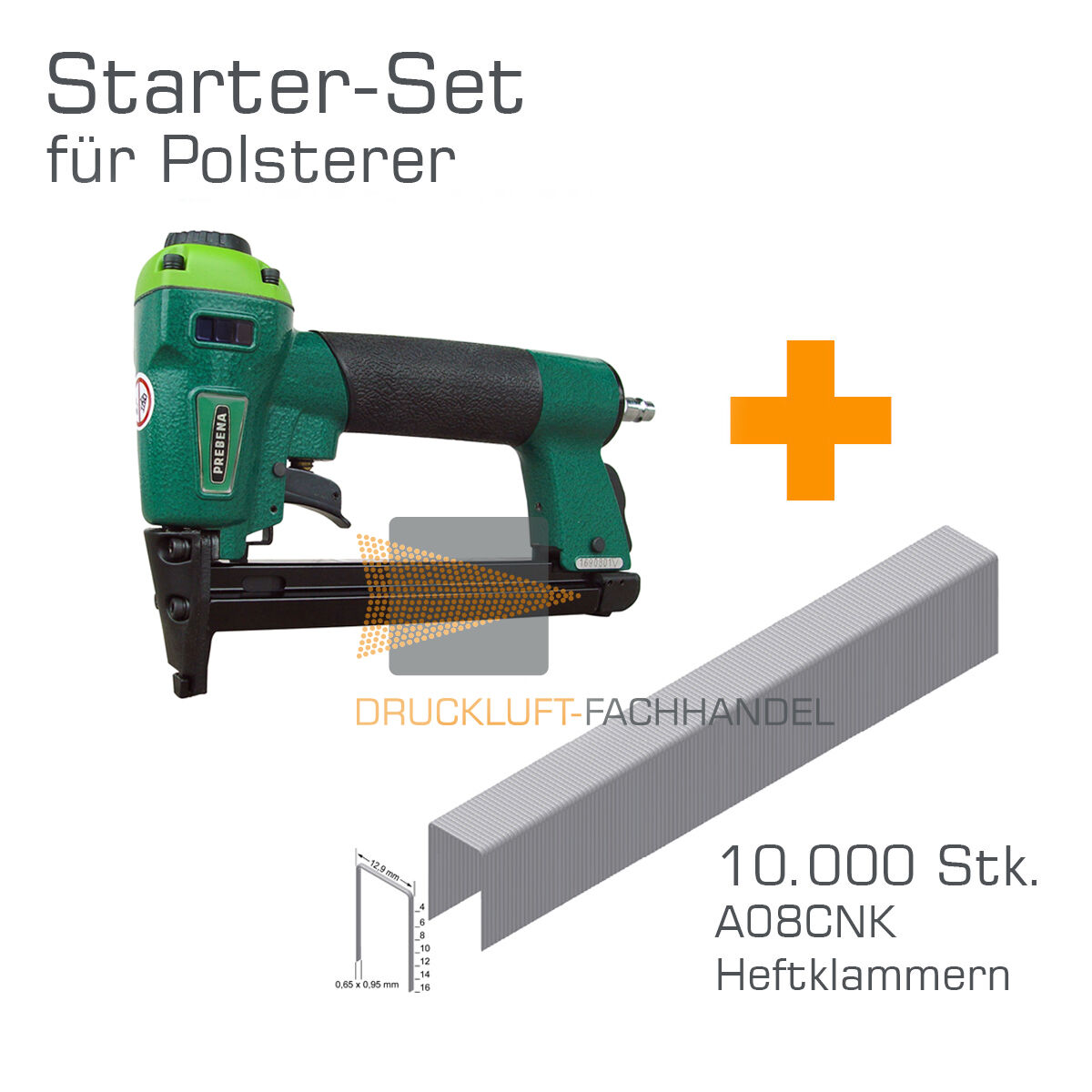 Prebena Druckluftnagler 1XR-A16 + 10.000 A08CNK Heftklammern - Starter-Set für Polsterer