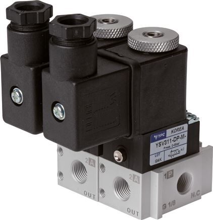 elettrovalvola a 3/2 vie, G 1/8" (scarico aria M5), ritorno a molla (NC), 24 V=