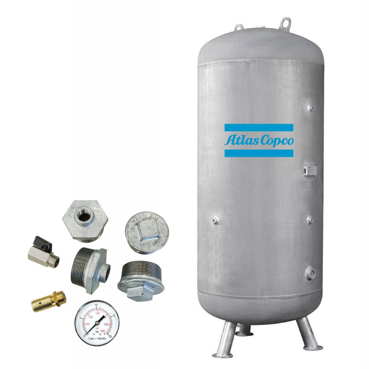 Réservoir d'air comprimé 500 litres, 11 bars, galvanisé, modèle vertical, kit de robinetterie inclus | AD2000