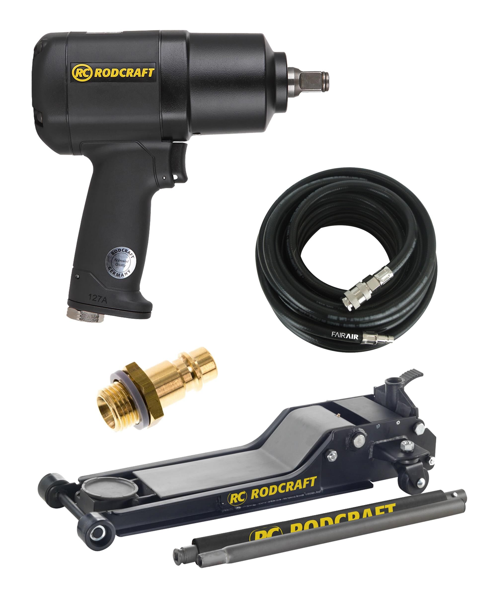 AKTION TUNING-SET (für Tiefergelegte): Rodcraft Wagenheber RH151 - extra flach, Schlagschrauber & Schlauch