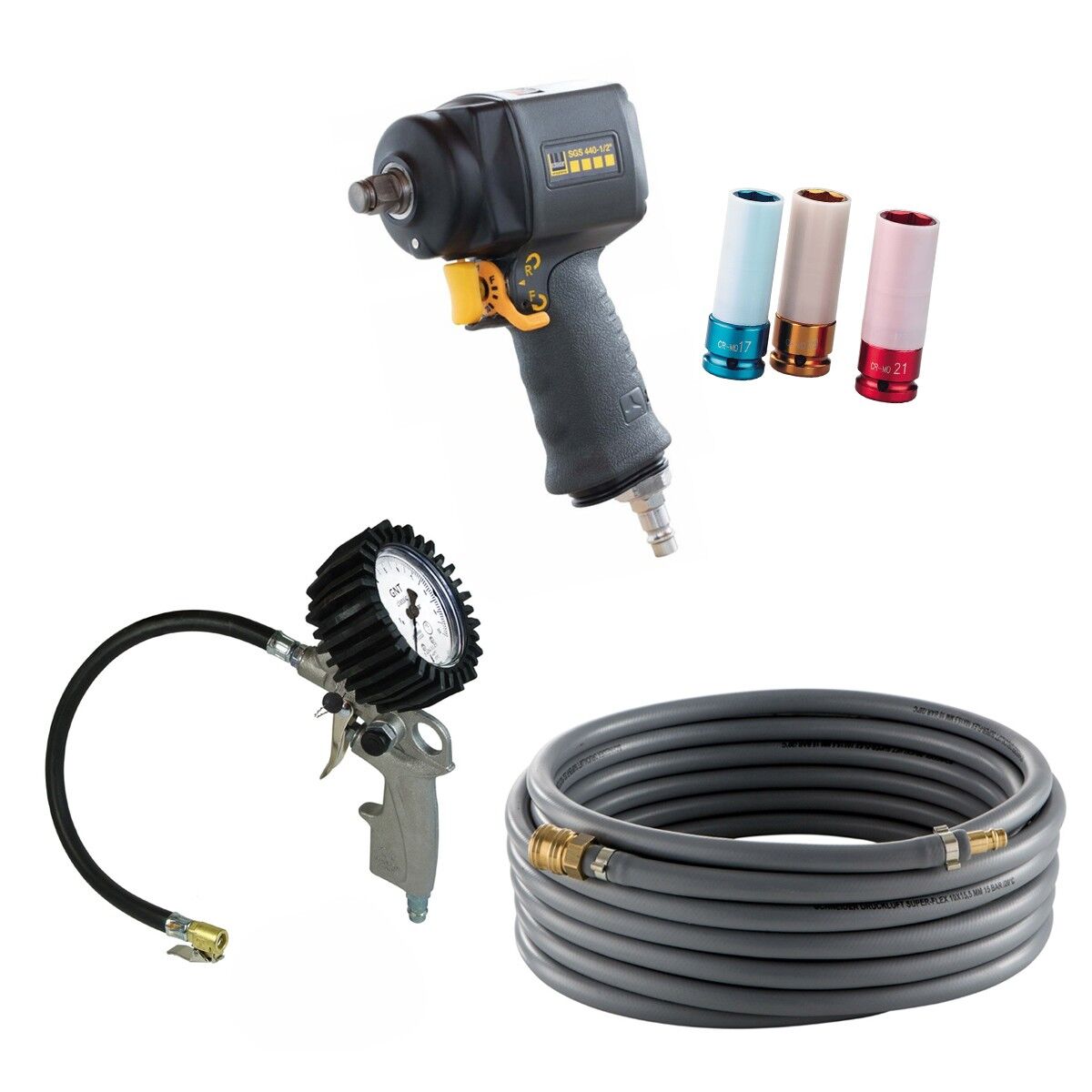 OFFERTA Schneider KFZ-SET: avvitatore a impulsi da 1/2" con bussole, set di gonfiaggio pneumatici e tubo da 5 m