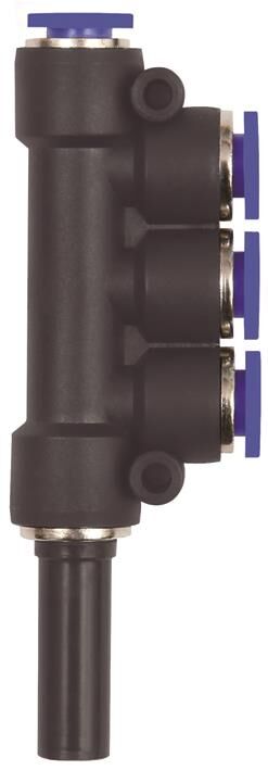 Distributore multiplo a T, nipplo a innesto 10 mm -serie blu-, slot-Ø 3x6 224.010-6