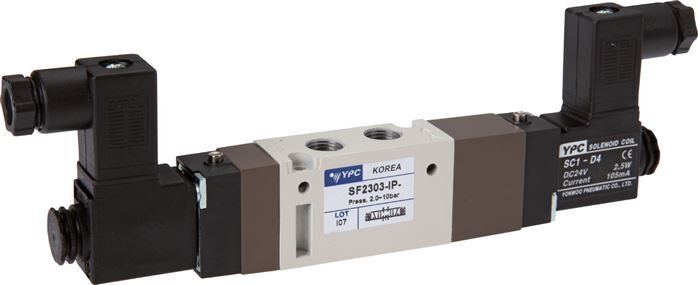 elettrovalvola a 5/3 vie, G 1/8", posizione centrale ventilata, 230 V AC, pilota: poliammide