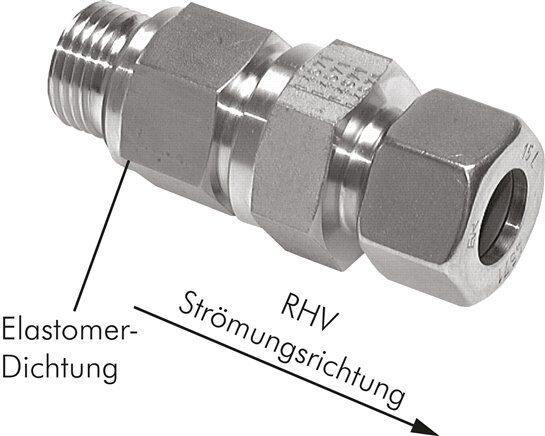 Valvola di non ritorno idraulica 14 S (M22x1,5)-G 1/2", anello di serraggio 1.4571 (NC), filettatura di mandata al tubo