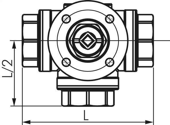 valvola a sfera a 3 vie, flangia per montaggio diretto G 3/4", foro a T, ottone