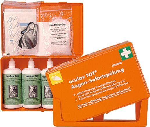 Kit lavaocchi istantaneo: contenitore in plastica con pratico supporto a parete.