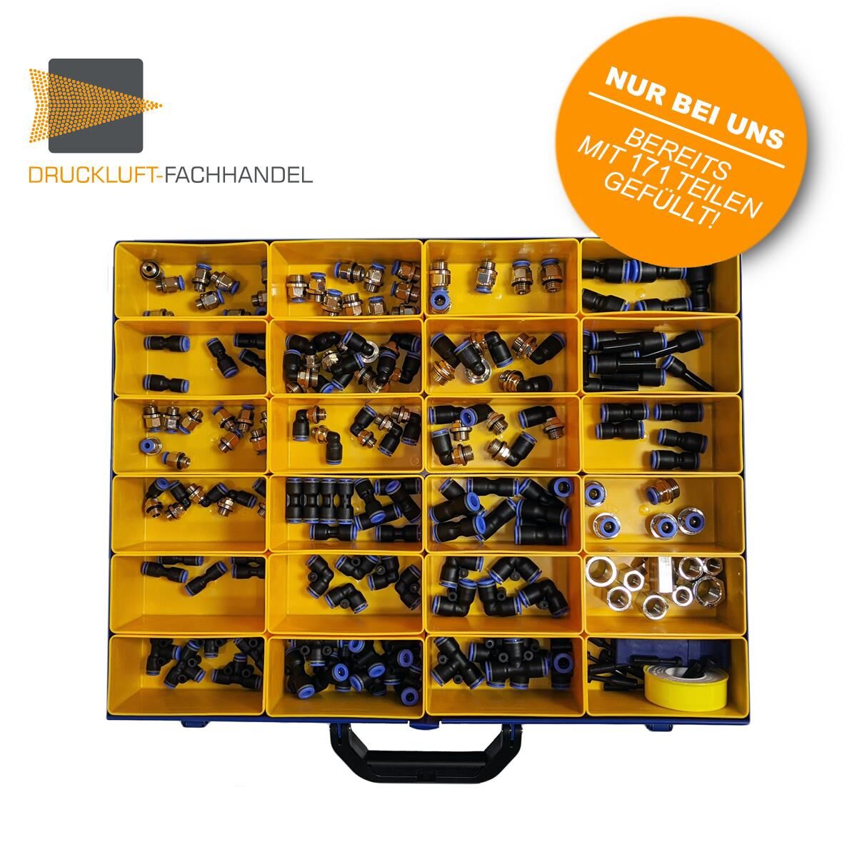 Scatola di assortimento con connettori rapidi per aria compressa | serie blu | push in | 171 parti Scatola di assortimento con connettori rapidi per aria compressa | serie blu | push in | 171 parti