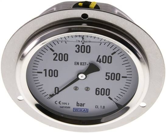 Glycerin-Einbaumanometer,Frontring, 100mm, 0 - 600 bar