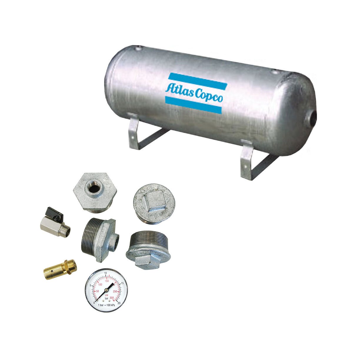 Druckluftbehälter 1000 Liter, 11 bar, verzinkt, liegende Ausführung inkl. Armaturensatz | DLB 1011
