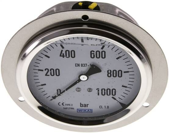 Glycerin-Einbaumanometer,Frontring, 100mm, 0 - 1000 bar