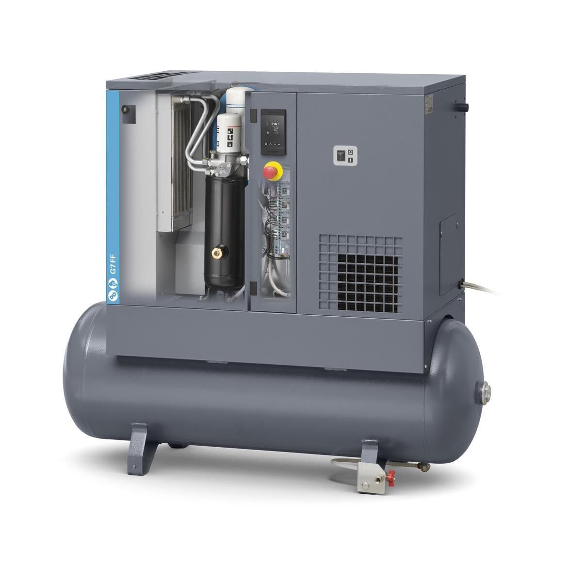 Compressore a vite Atlas Copco G 7 FF - 8 bar, incluso essiccatore a refrigerazione e serbatoio