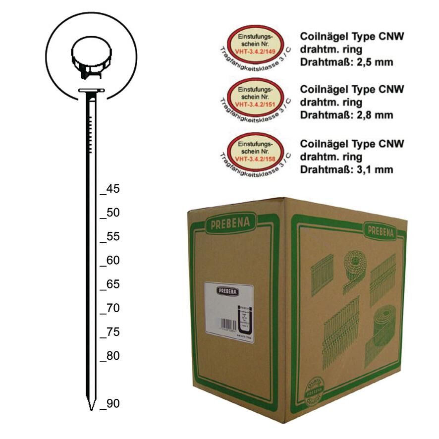 Chiodi a bobina Prebena CNW31/80BKRI con gambo ad anello Chiodi a bobina Prebena CNW25/50BKRI con gambo ad anello