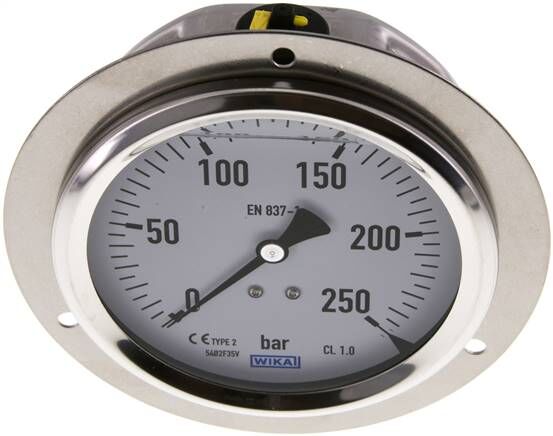 Glycerin-Einbaumanometer,Frontring, 100mm, 0 - 250 bar