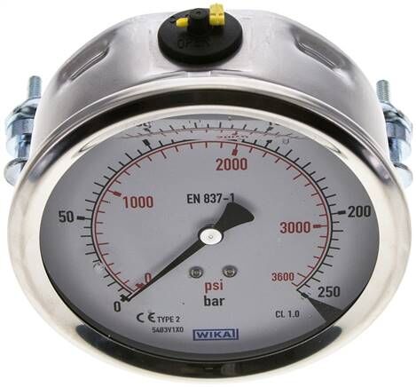 Glycerin-Einbaumanometer, 3kt-Frontring, 100mm, 0 - 250 bar
