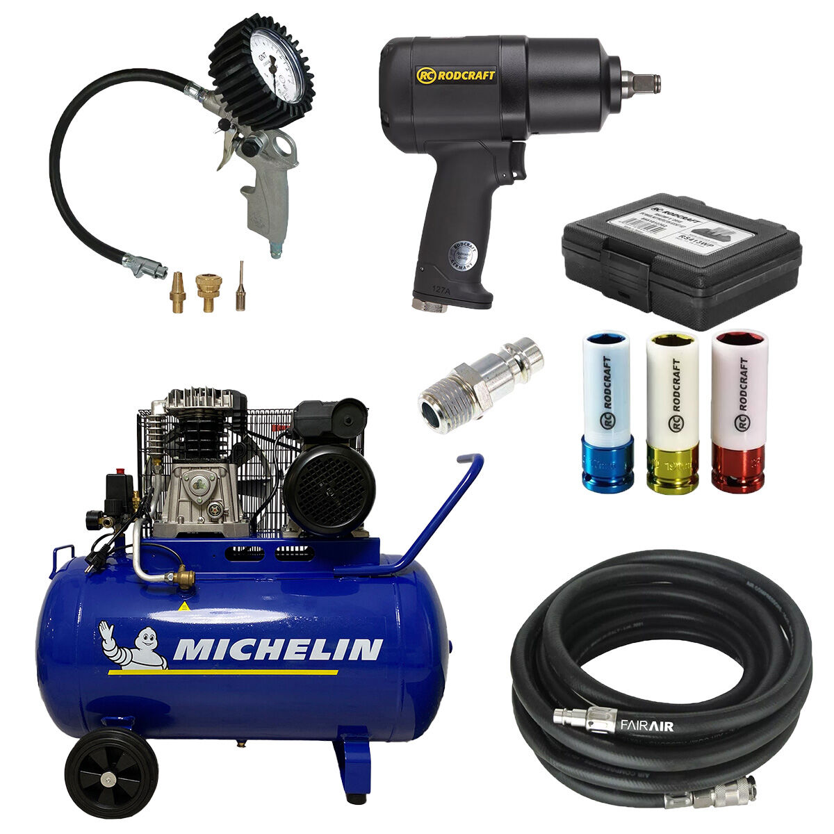 PROMOTION SET ALLROUNDER : Compresseur Michelin MB100/360 MC-R5002 avec tuyau, gonfleur de pneus & clé à chocs