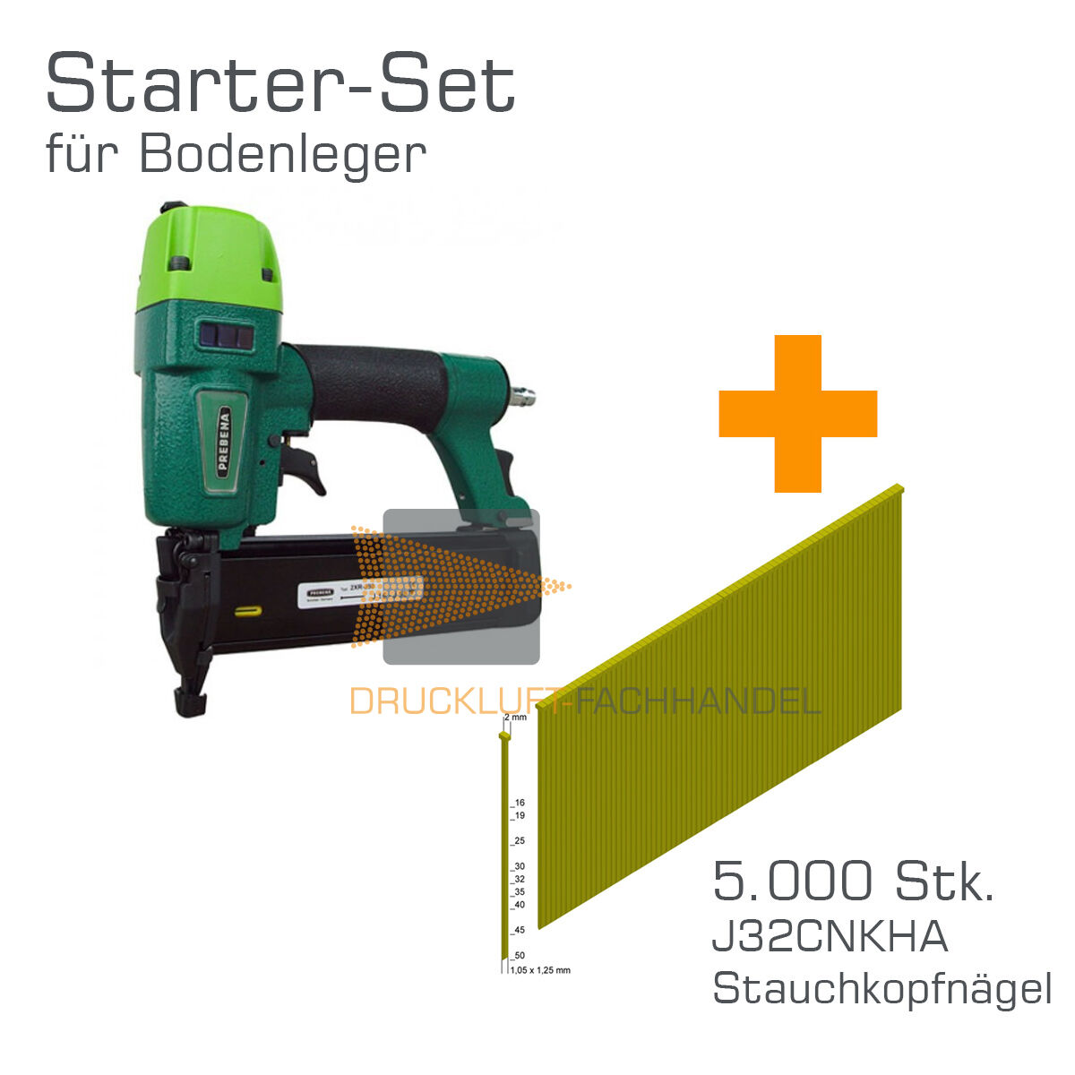 AKTION Prebena Druckluftnagler 2XR-J50 + J32CNKHA Stauchkopfnägel - Starter-Set für Bodenleger