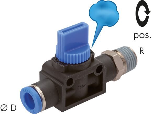 valvola di chiusura a 3/2 vie R 1/8"-8mm, lato filettatura di sfiato