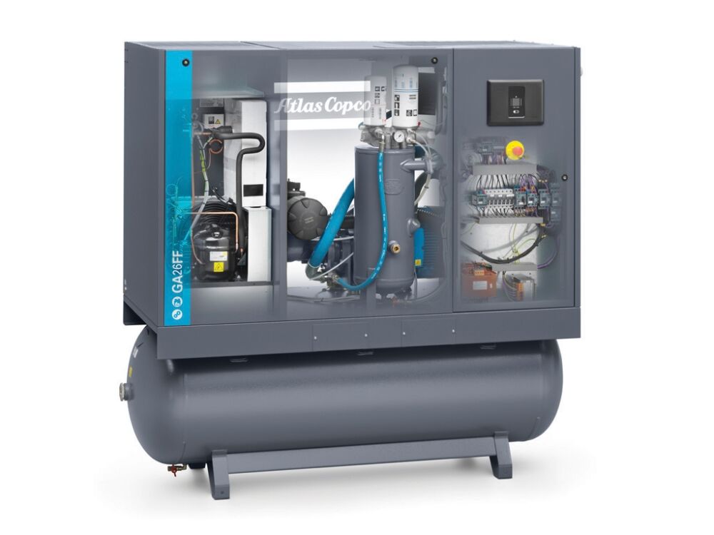 Compressore a vite Atlas Copco GA 26 - 8,5 bar FF con essiccatore di refrigerante e serbatoio da 500 L