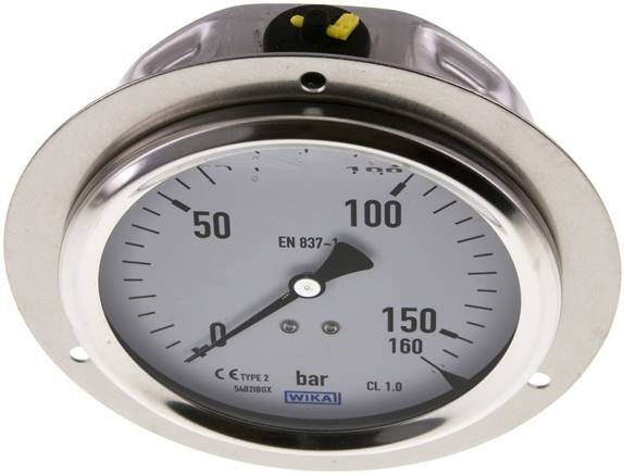 Glycerin-Einbaumanometer,Frontring, 100mm, 0 - 160 bar