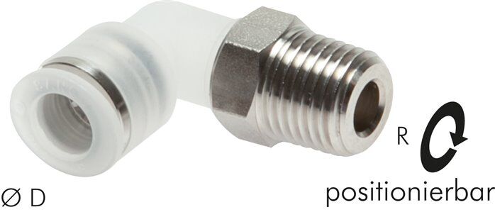 Connettore push-in angolare R 1/8"-8mm, IQS-PP, polipropilene con filettatura in acciaio inox