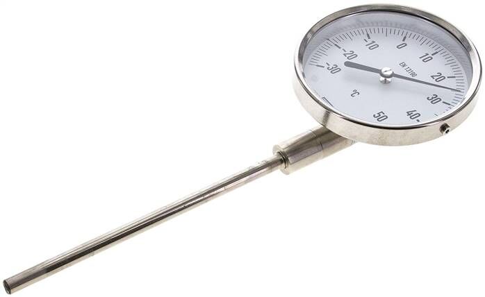 Termometro bimetallico, verticale D100/-30 a +50°C/160mm, acciaio inox