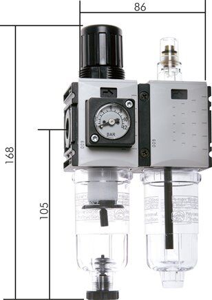 Unità di manutenzione FUTURA, 2 pezzi, G 1/4", 0,2 - 4 bar, Baur.0, scarico automatico della condensa, manometro compatto