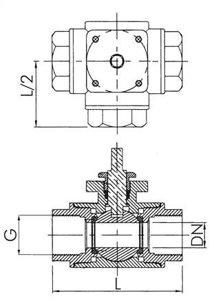 valvola a sfera a 3 vie, flangia per montaggio diretto G 1/2", foro a T, acciaio inox 1.4408