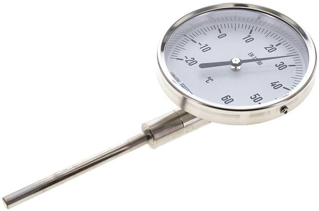 Termometro bimetallico, verticale D100/0 a +80°C/160mm, acciaio inox