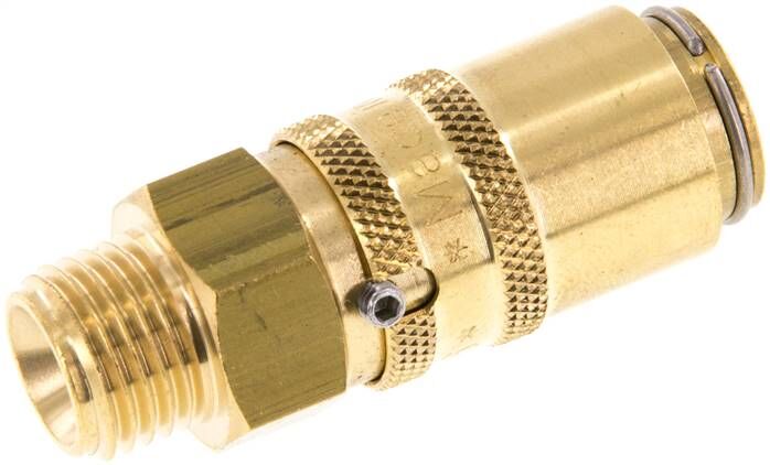 Temperier-Schnellkupplung 9mm Zapfen,G 1/4"(AG), Messing, für Stecker beidseitig absperrend mit Entriegelungssicherung