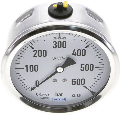 Glycerin-Manometer waagerecht (CrNi/Ms),100mm, 0 - 600bar