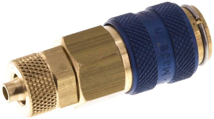 Schnellkupplung (NW5) 6x4mm Schlauch, Messing, für Stecker beidseitig absperrend, blau