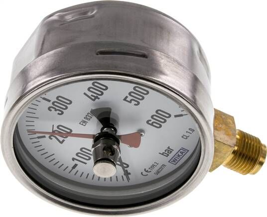Manometer senkrecht (CrNi/Ms), 100mm, 0 - 600 bar, mit rückstellbarem Schleppzeiger