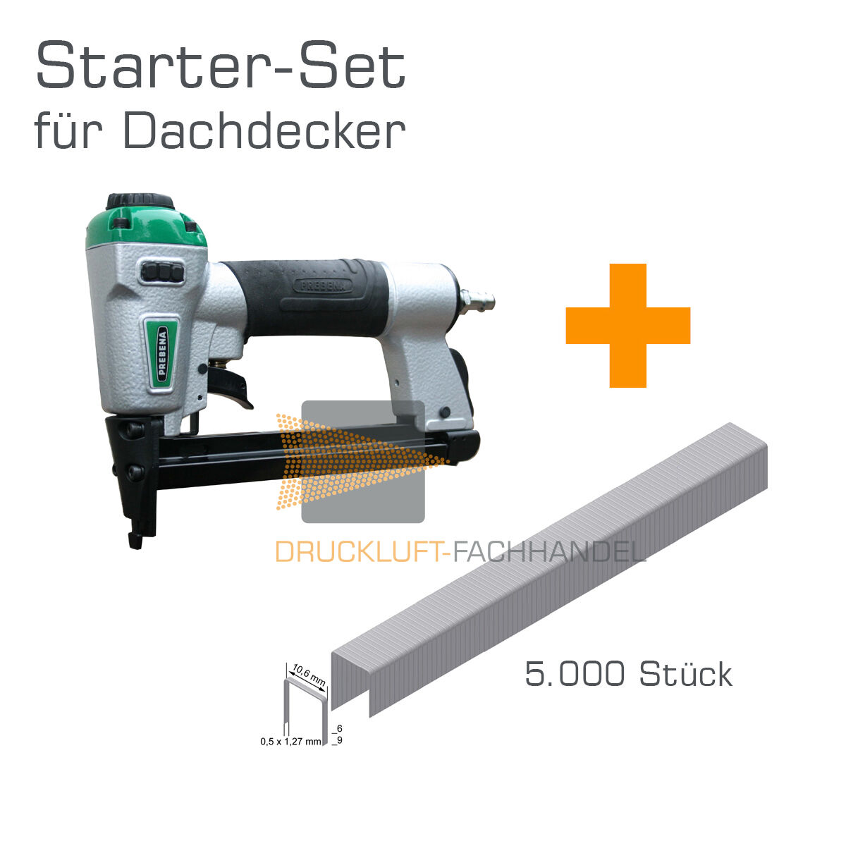 AKTION Prebena Druckluftnagler DNPF16 + 5.000 PF09CNK Heftklammern - Starter-Set für Dachdecker