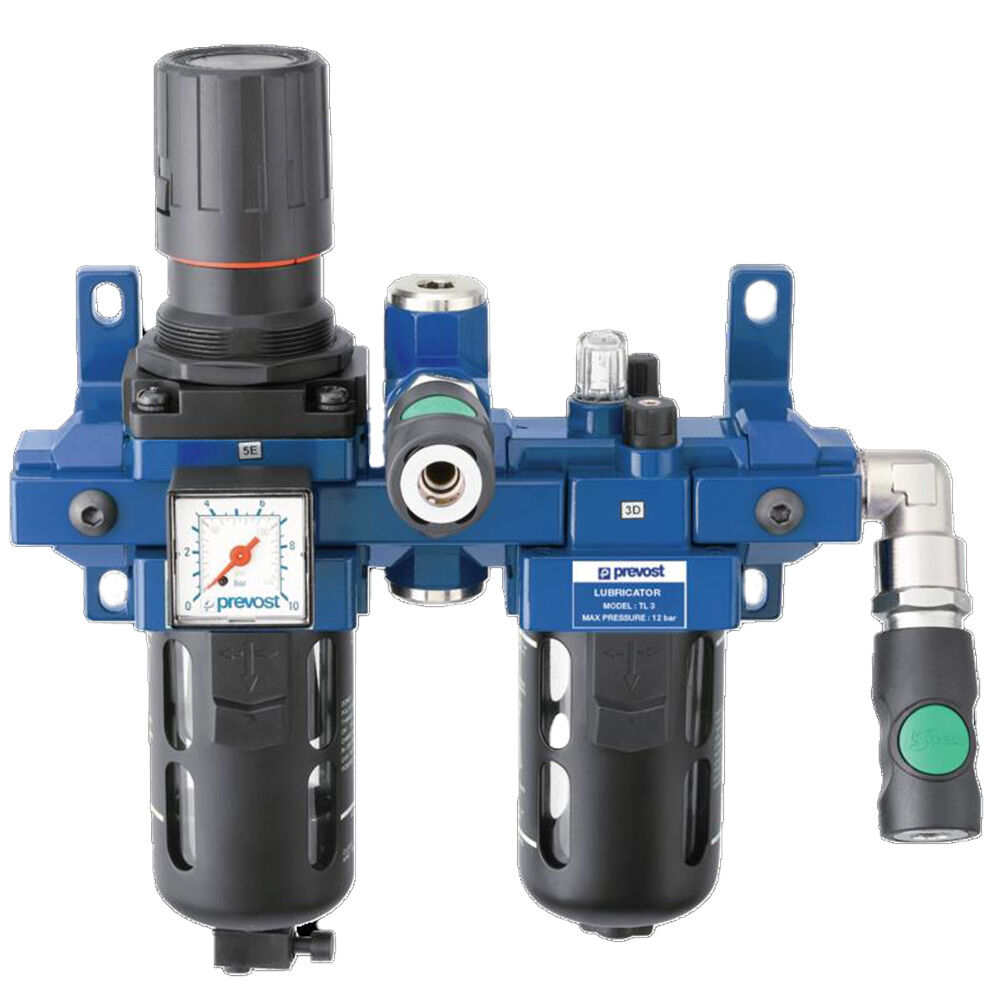 PREVOST ALTO 2 - Doppio blocco - filtro regolatore con manometro, lubrificatore e set di montaggio a parete e pezzo intermedio per aria non lubrificata + 2 x PrevoS1