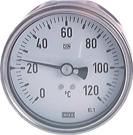 Termometro bimetallico, orizzontale D100/0 a +120°C/160mm, acciaio inox per fluidi aggressivi