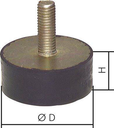Tampone in gomma-metallo su un lato con perno filettato M 10 x 28, D=50 - H=12 mm