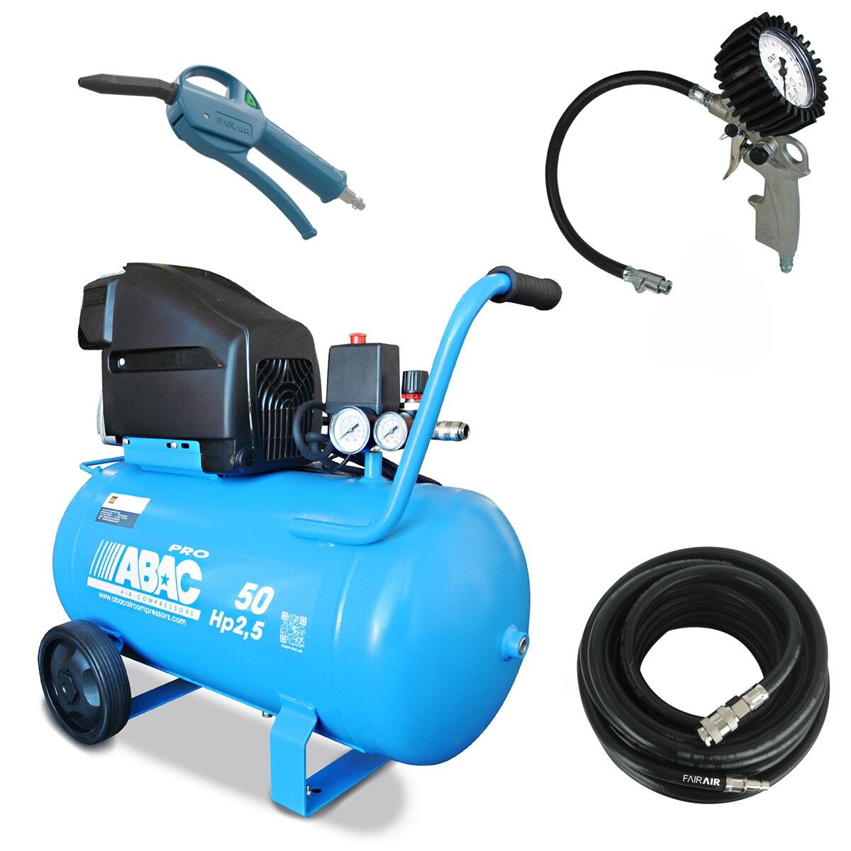 OFFERTA STARTER-SET PRO: compressore ABAC MONTECARLO L25P, tubo flessibile, gonfiatore per pneumatici e pistola a soffio