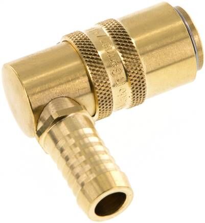 Temperier-Schnellkupplung (Winkel 90°) 13mm Zapfen, 13 (1/2")mm Schlauch, für Stecker beidseitig absperrend mit Entriegelungssicherung