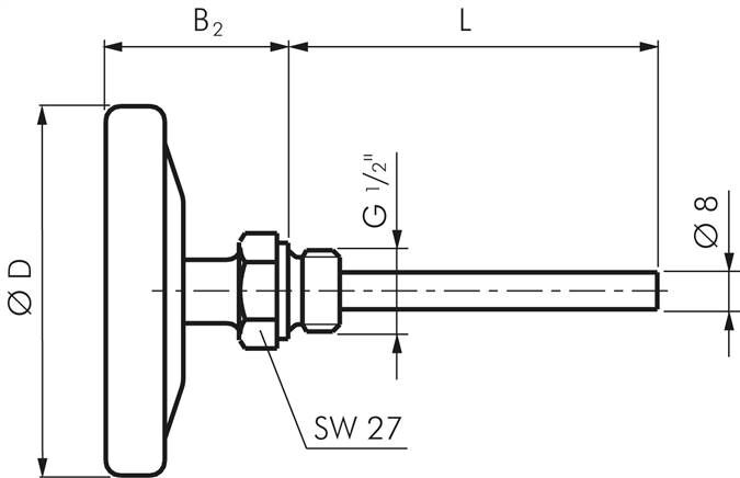 Thermomètre bimétallique, horizontal D160/0 à +500°C/160mm