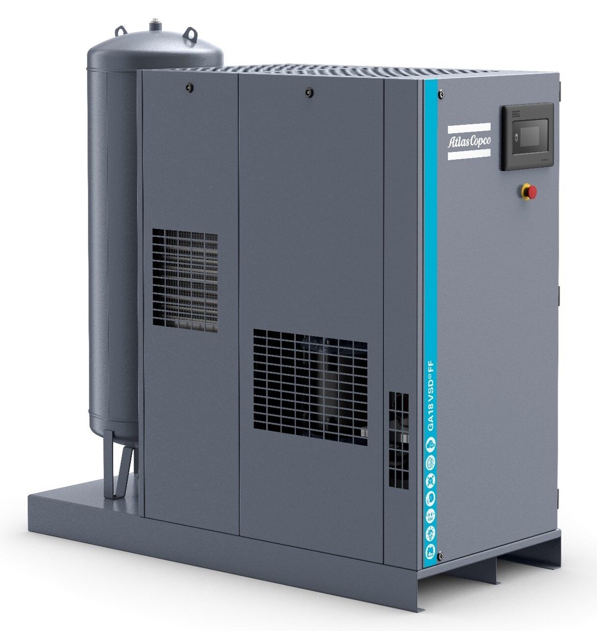 Compressore a vite Atlas Copco GA 11 VSD FF TM MEAC Ricevitore di olio e aria ed essiccatore di refrigerante AD2000